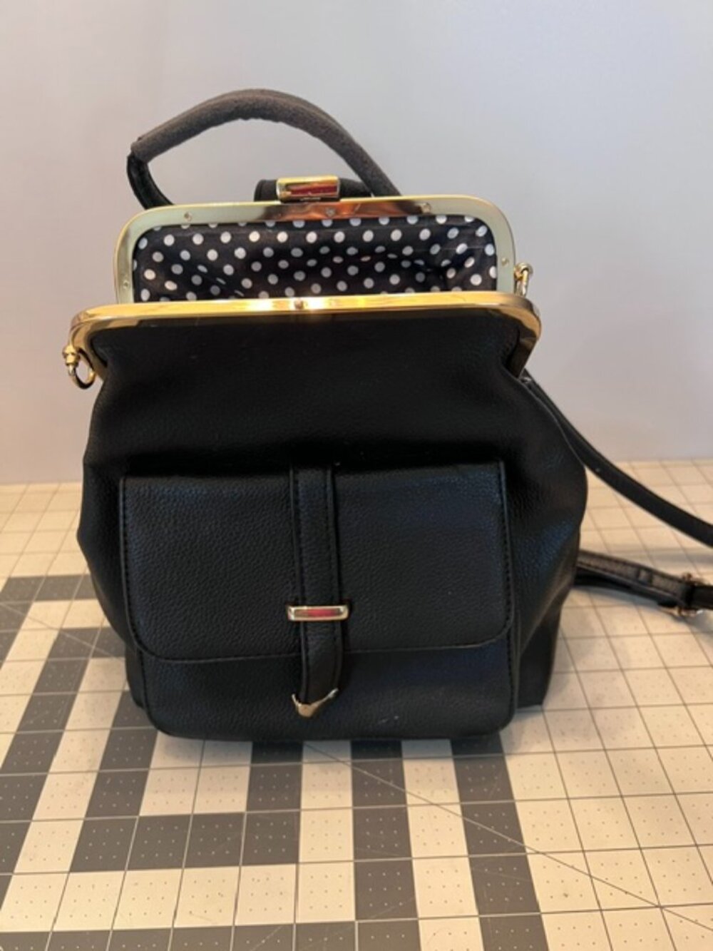 Vintage‎ Style Gamaguchi Faux Leather Backpack crossbody polka dot bl&wh lining
